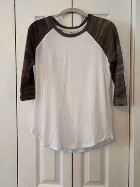 Z Supply White Raglan Tee with Olive Camo Sleeves